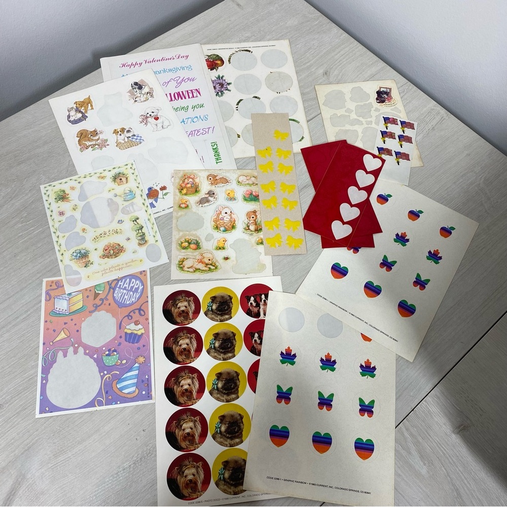 Lot of Used Vintage 1980s Stickers Sheets Incomplete Flags Bugs Animals Holiday